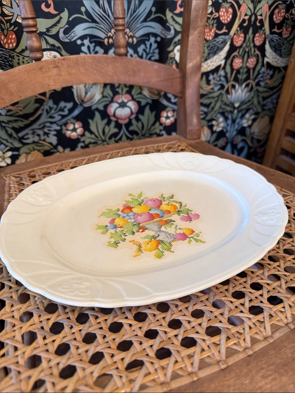 1939 Crown Potteries Co. 11/1939 Oval Cross Stitch Pattern Serving Platter RARE